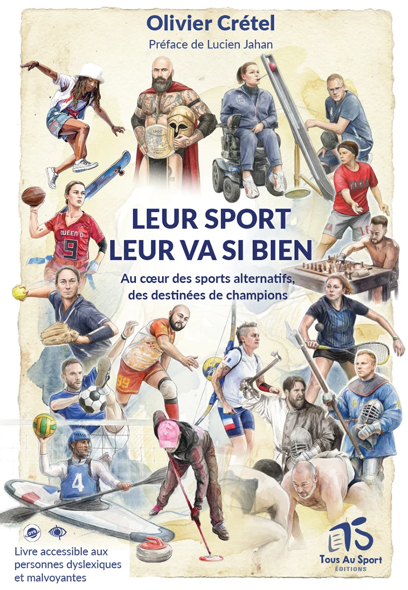 Couverture de Leur Sport Leur Va Si Bien avec les illustrations des champions et championnes ainsi que des éléments visuels évoquant les différents sports à l'honneur dans l'ouvrage