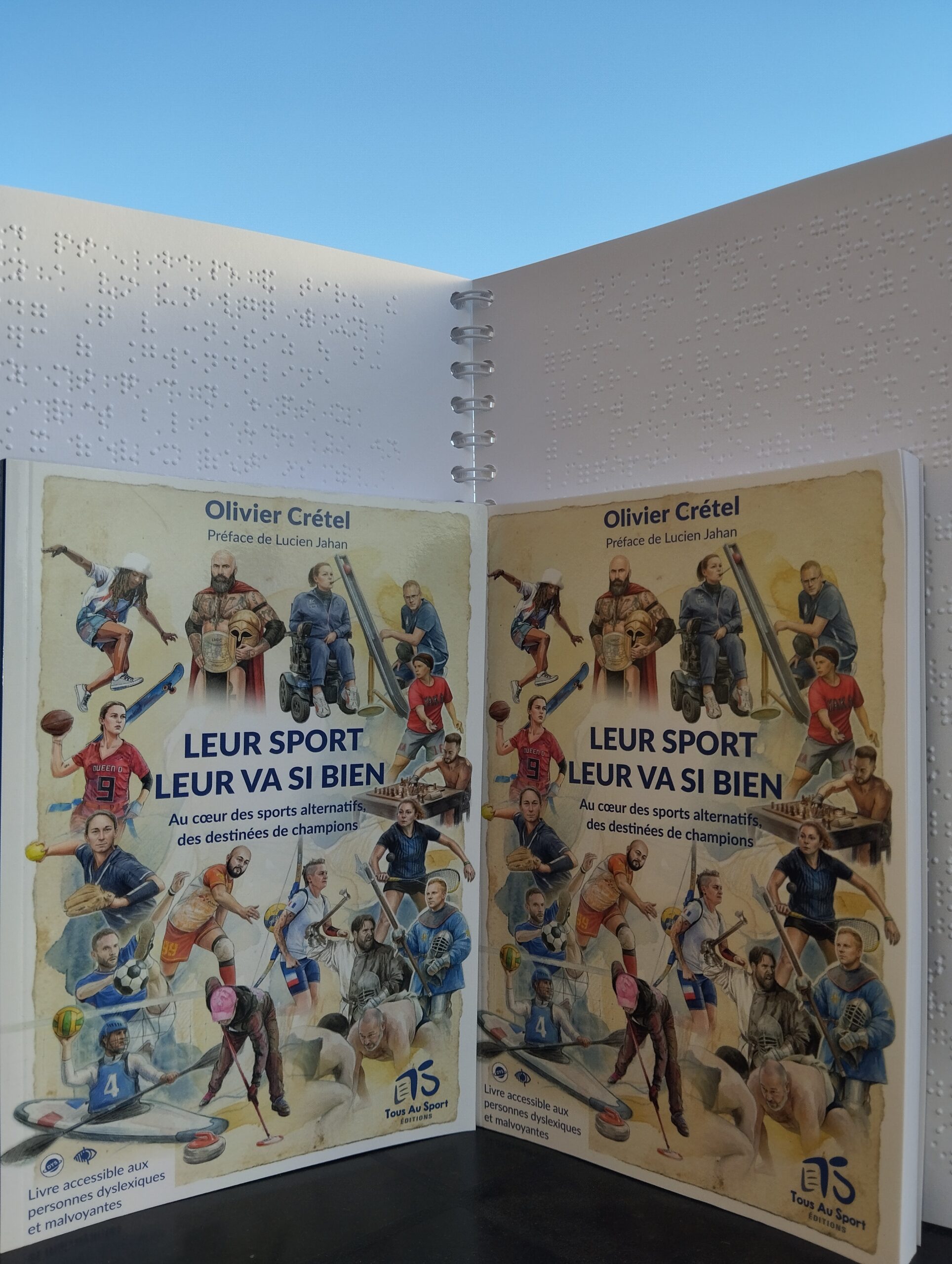 Leur Sport Leur Va Si Bien est disponible en braille Couverture du livre Leur Sport Leur Va Si Bien adossé à un livre en braille